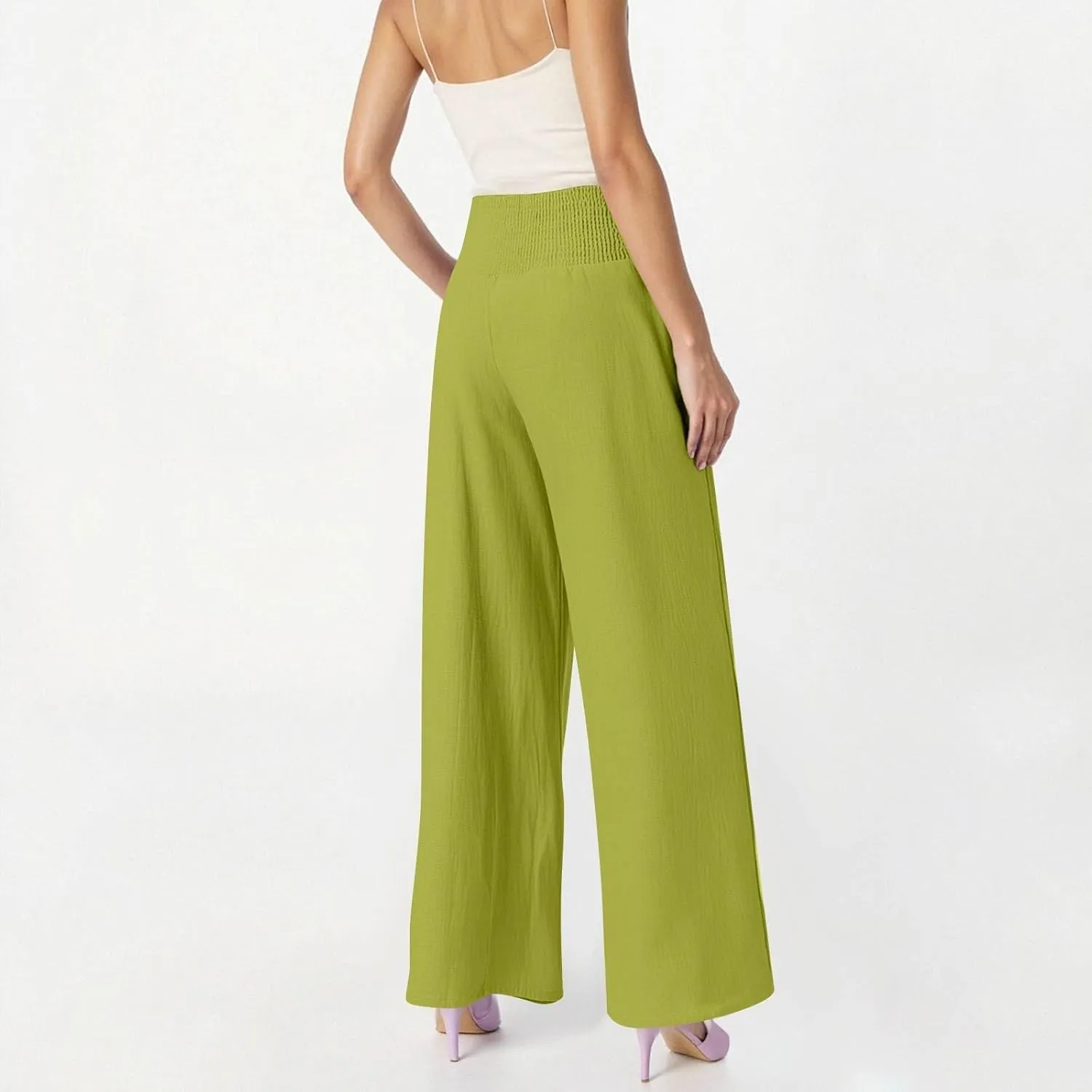 Baggy Linen Pants Women Summer High Waisted Wide Leg Palazzo Pants Smocked Pant Lounge Work Trousers with Pockets