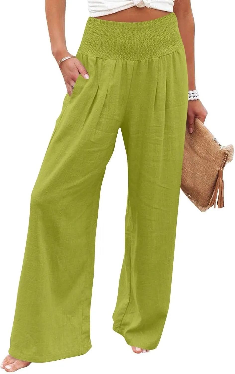 Baggy Linen Pants Women Summer High Waisted Wide Leg Palazzo Pants Smocked Pant Lounge Work Trousers with Pockets