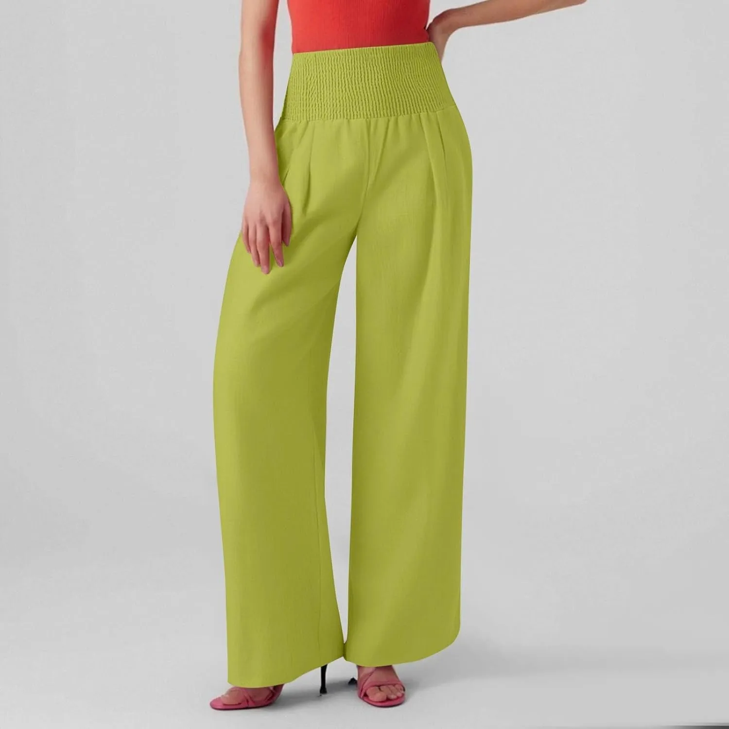 Baggy Linen Pants Women Summer High Waisted Wide Leg Palazzo Pants Smocked Pant Lounge Work Trousers with Pockets