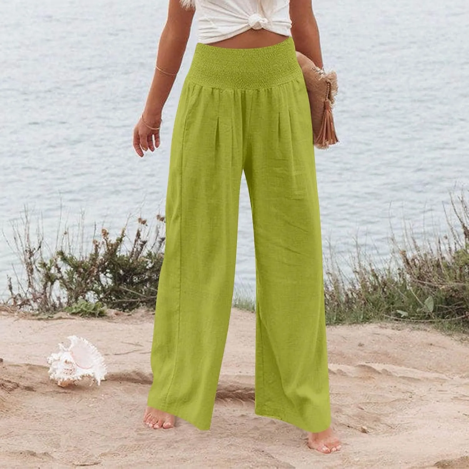 Baggy Linen Pants Women Summer High Waisted Wide Leg Palazzo Pants Smocked Pant Lounge Work Trousers with Pockets