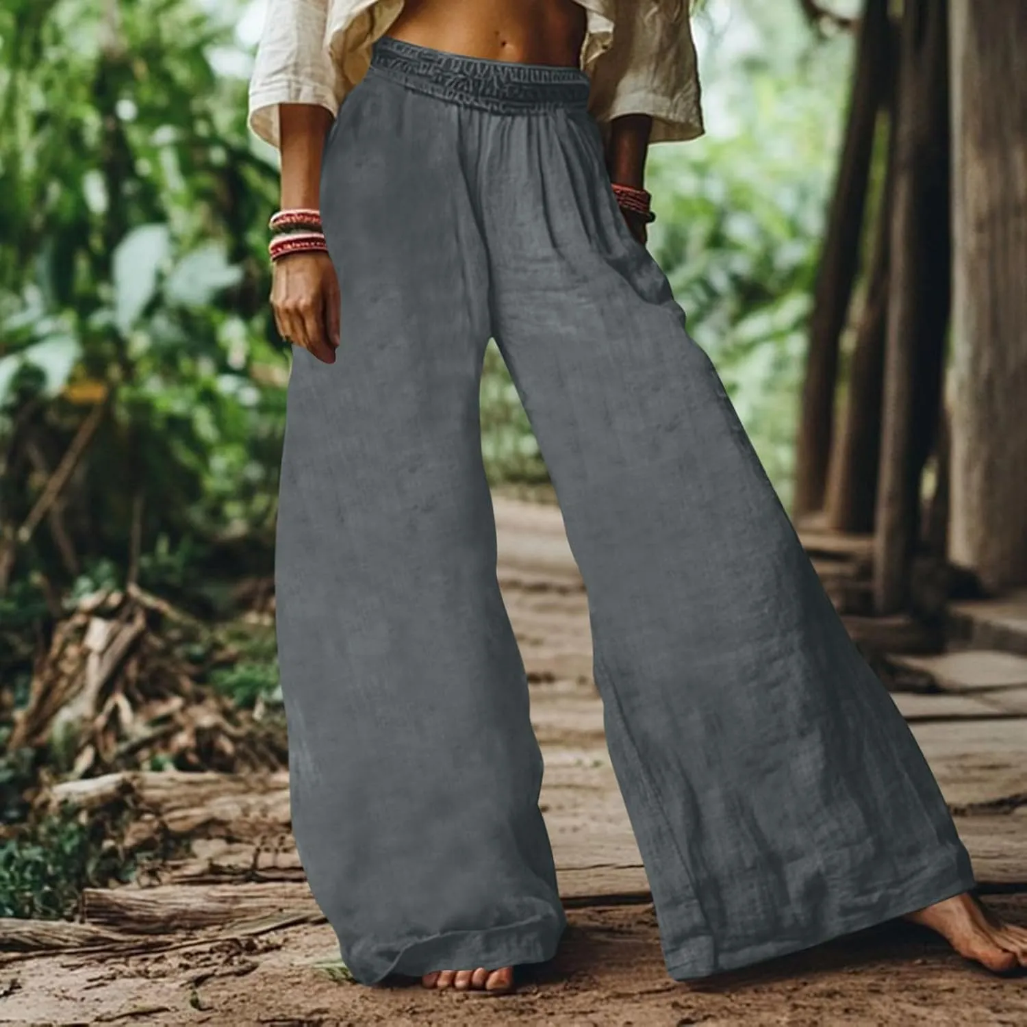 Baggy Pants for Women Boho Faux Cotton Linen Wide Leg Pants Summer 2025 Casual Elastic Waist Long Trousers with Pockets