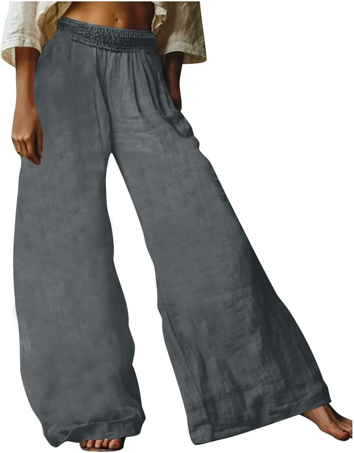Baggy Pants for Women Boho Faux Cotton Linen Wide Leg Pants Summer 2025 Casual Elastic Waist Long Trousers with Pockets