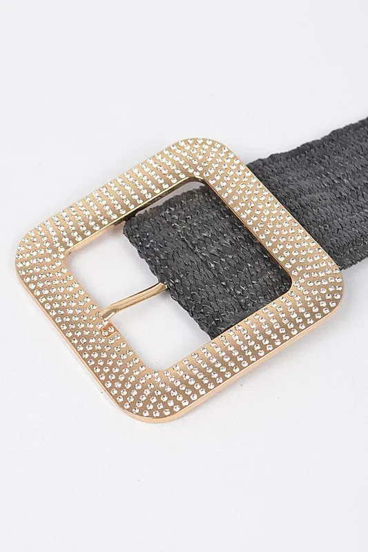Black Metal Buckle Plus Size Stretch Straw Belt