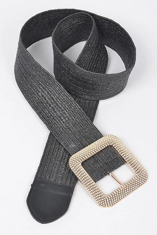 Black Metal Buckle Plus Size Stretch Straw Belt