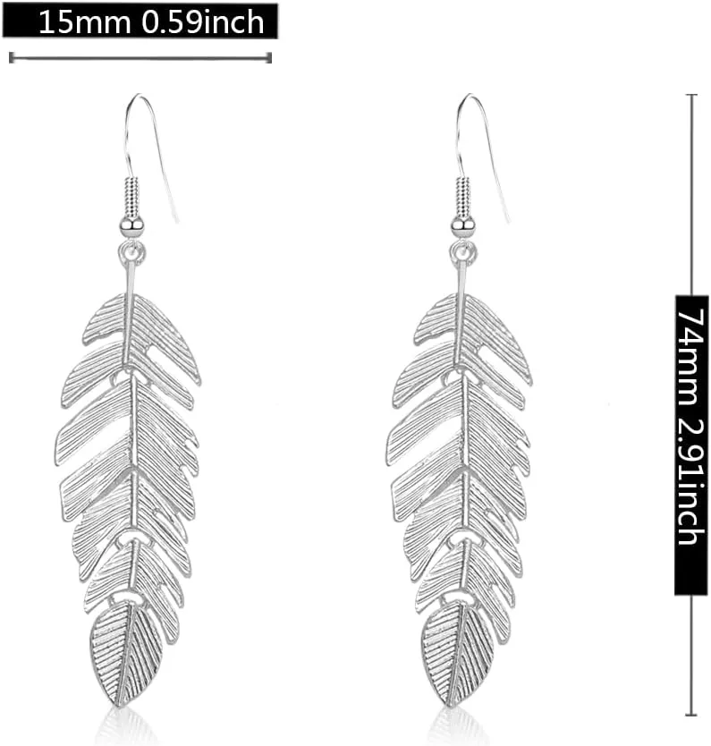 Bohemian Floating Feathers Dangle Earrings - Long Hanging Metal Link Leaf Drops for Women -Lightweight Layered Dangling Leaves Hook Earrings