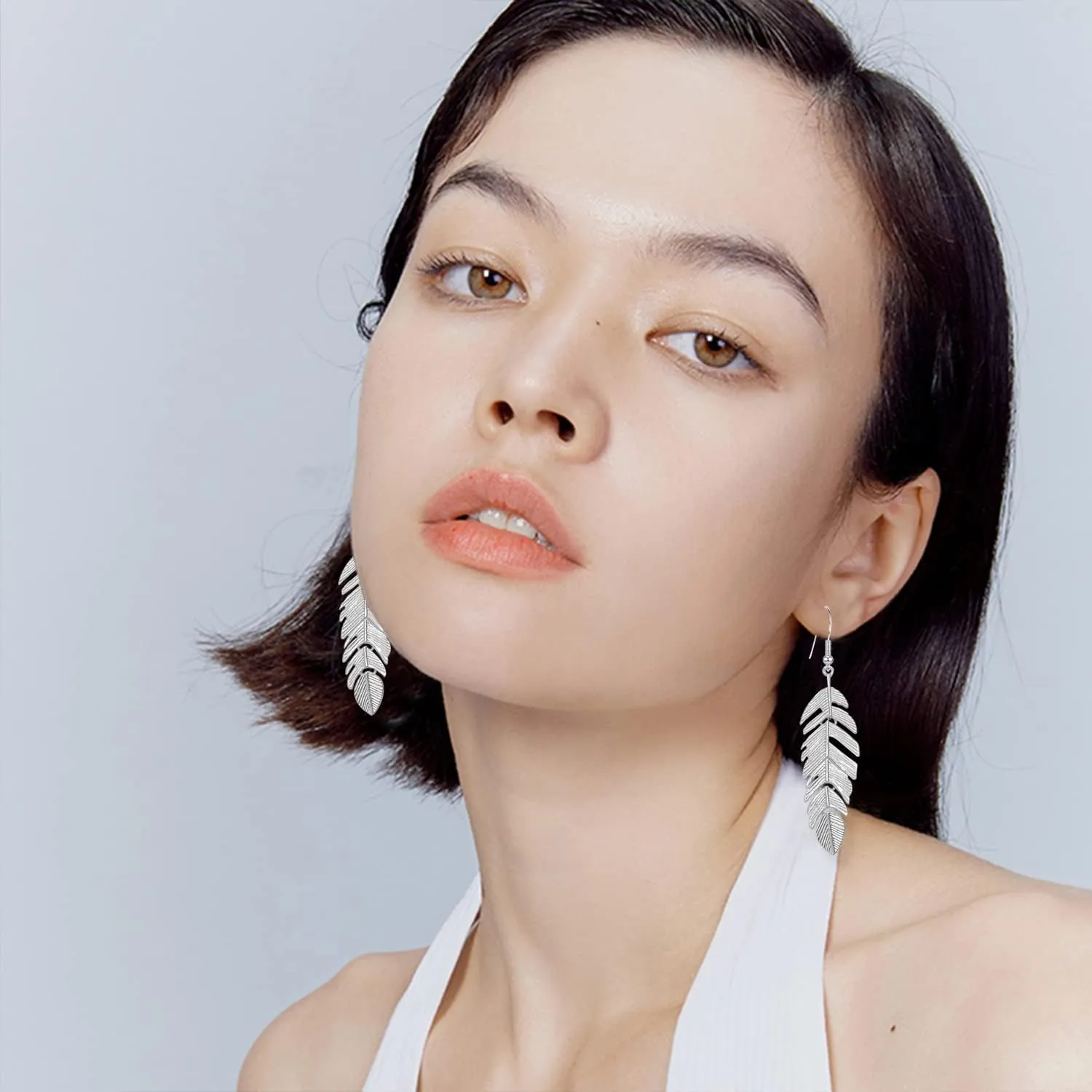 Bohemian Floating Feathers Dangle Earrings - Long Hanging Metal Link Leaf Drops for Women -Lightweight Layered Dangling Leaves Hook Earrings