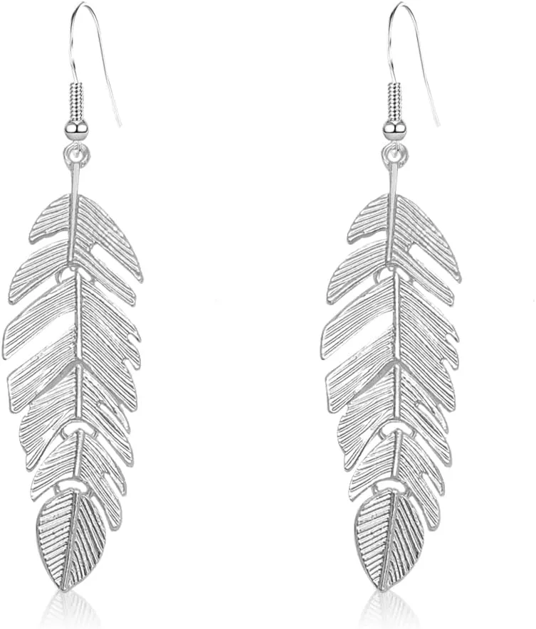Bohemian Floating Feathers Dangle Earrings - Long Hanging Metal Link Leaf Drops for Women -Lightweight Layered Dangling Leaves Hook Earrings
