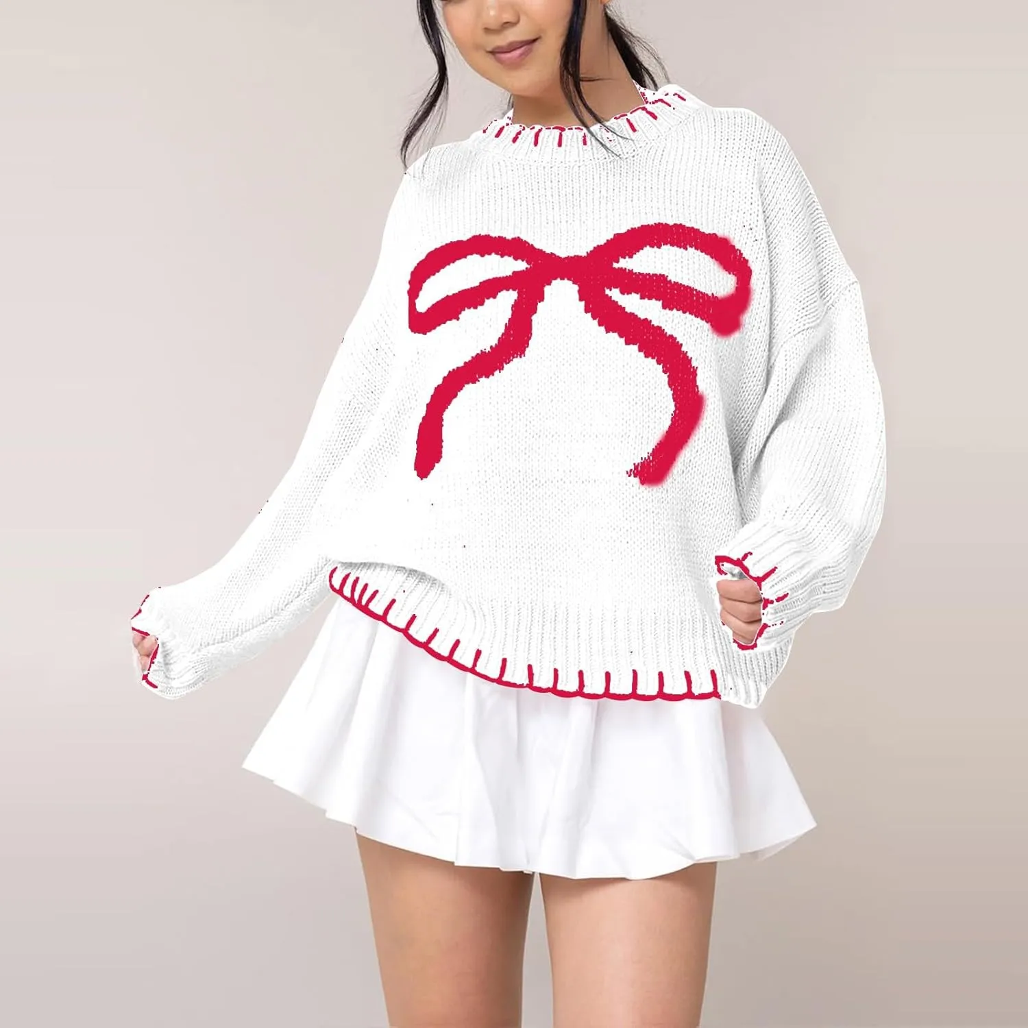 Bow Sweater Women 2025 Holiday Tops Spring Trendy Long Sleeve Valentines Day Outfit Sweater With Bows