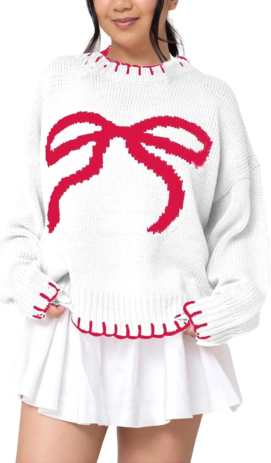Bow Sweater Women 2025 Holiday Tops Spring Trendy Long Sleeve Valentines Day Outfit Sweater With Bows