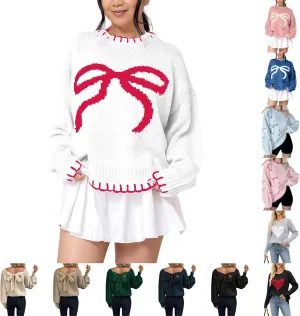 Bow Sweater Women 2025 Holiday Tops Spring Trendy Long Sleeve Valentines Day Outfit Sweater With Bows