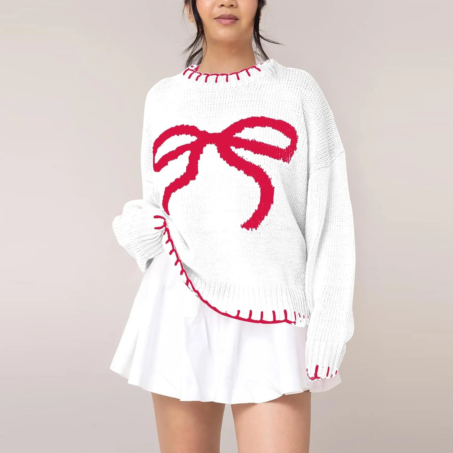 Bow Sweater Women 2025 Holiday Tops Spring Trendy Long Sleeve Valentines Day Outfit Sweater With Bows