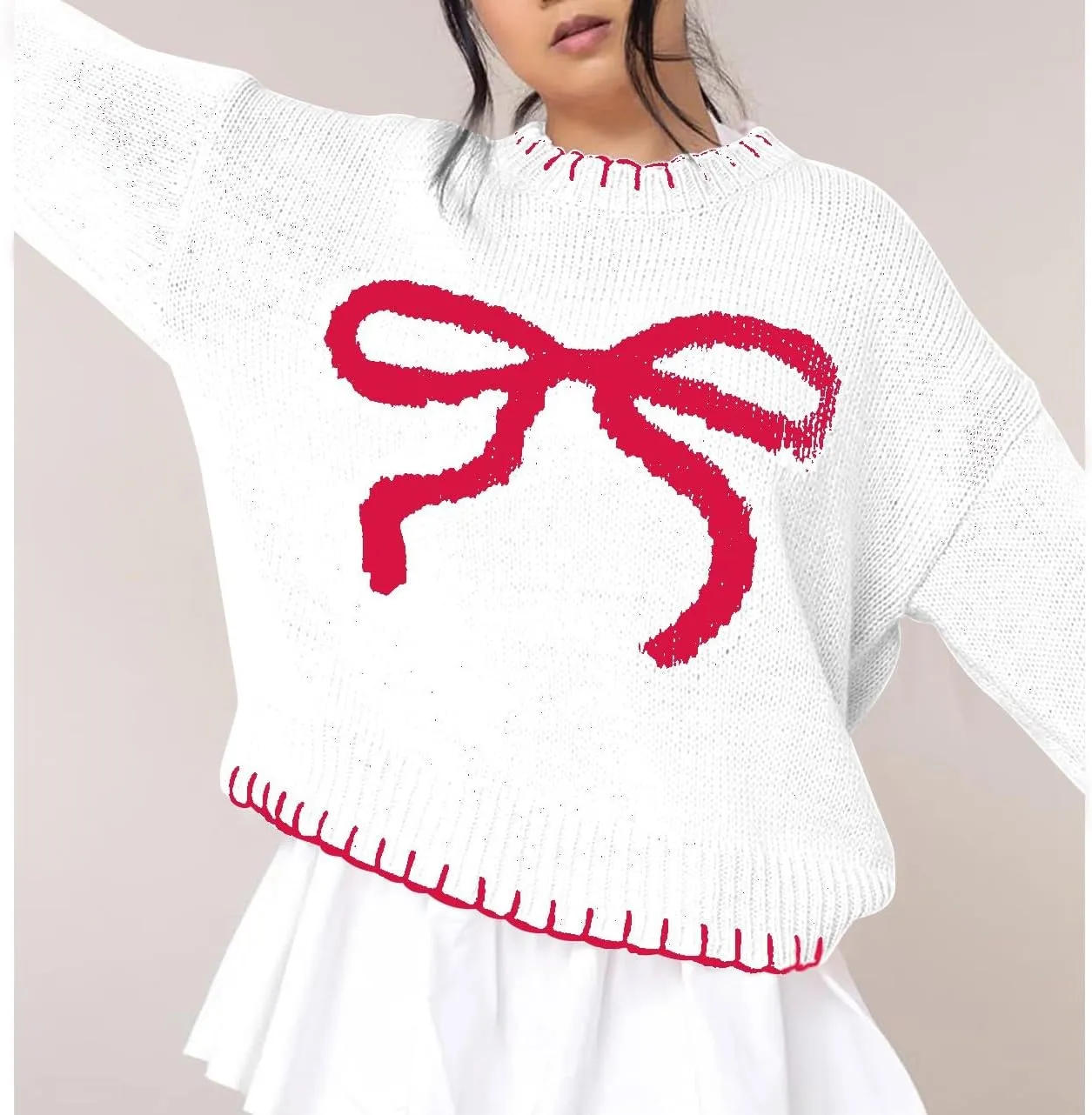 Bow Sweater Women 2025 Holiday Tops Spring Trendy Long Sleeve Valentines Day Outfit Sweater With Bows