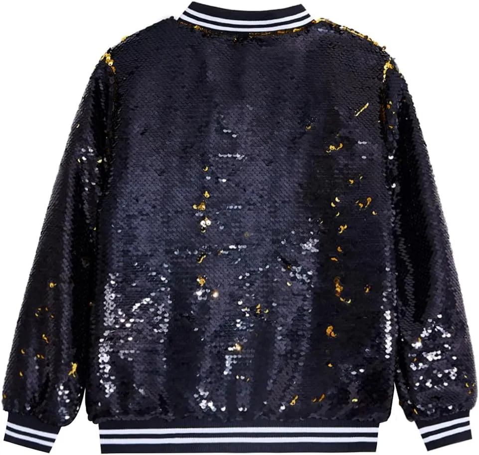 Boys Flip Sequin Jackets Striped Collar Bomber Varsity for Kids Glitter Birthday Coat Shiny Boy Clothes