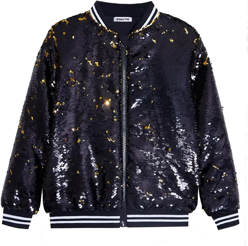 Boys Flip Sequin Jackets Striped Collar Bomber Varsity for Kids Glitter Birthday Coat Shiny Boy Clothes
