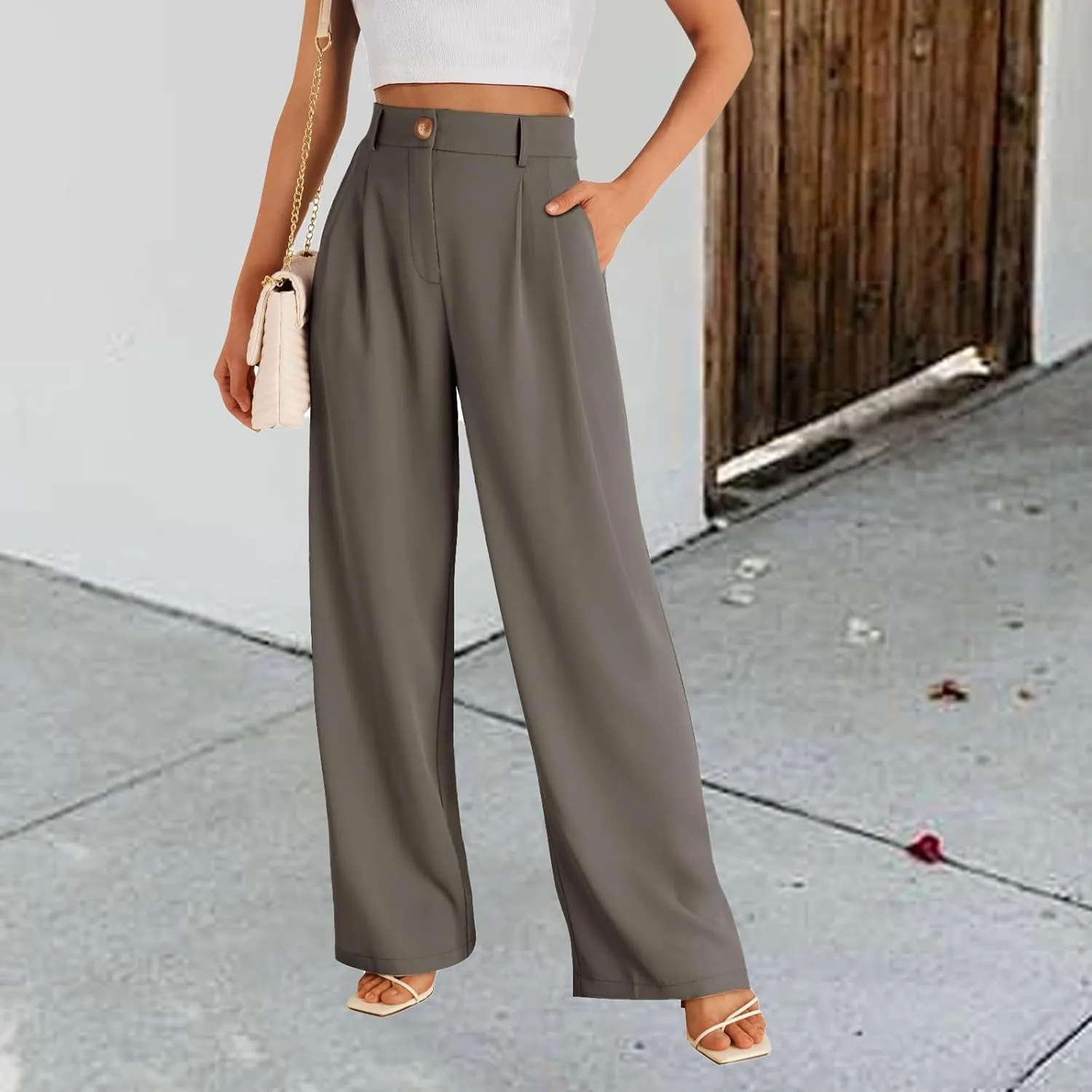Business Work Pant for Women Fashion Dressy Wide Leg Pants Button Down High Waisted Pant Office Trousers with Pockets