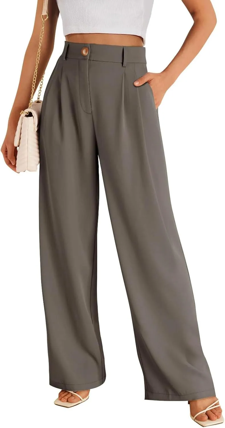 Business Work Pant for Women Fashion Dressy Wide Leg Pants Button Down High Waisted Pant Office Trousers with Pockets