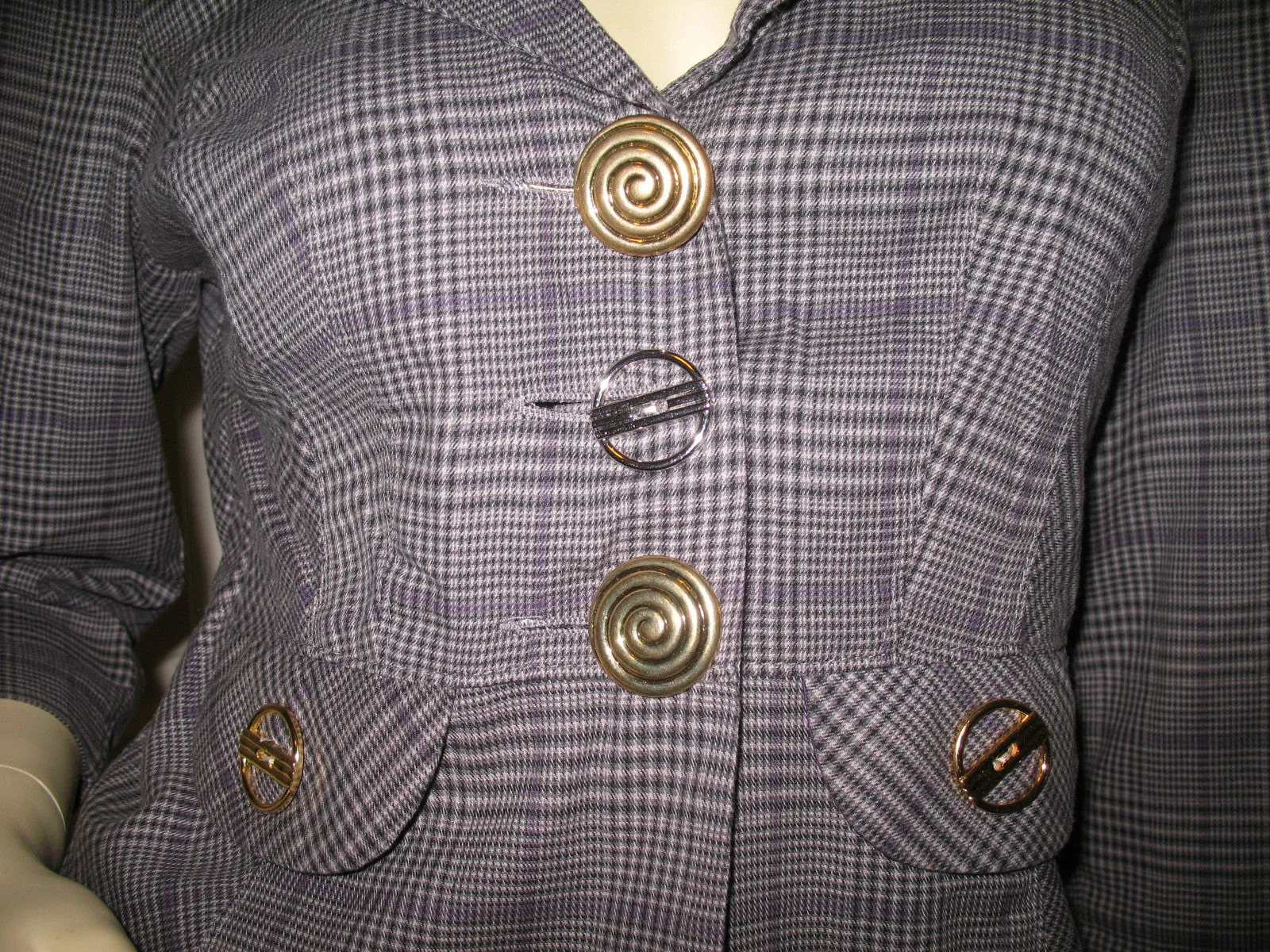 Candie's Womens Blazers V-Neck Blazer Jacket Top Check Checkered Gray Grey Black 3/4 Sleeve Medium Office Wear Business Attire