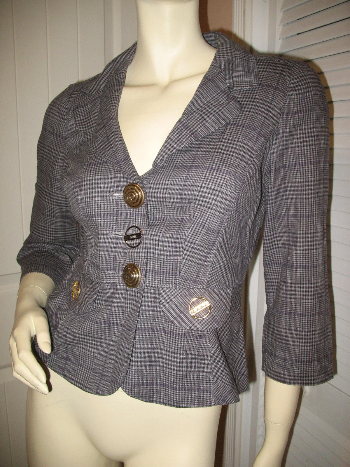 Candie's Womens Blazers V-Neck Blazer Jacket Top Check Checkered Gray Grey Black 3/4 Sleeve Medium Office Wear Business Attire