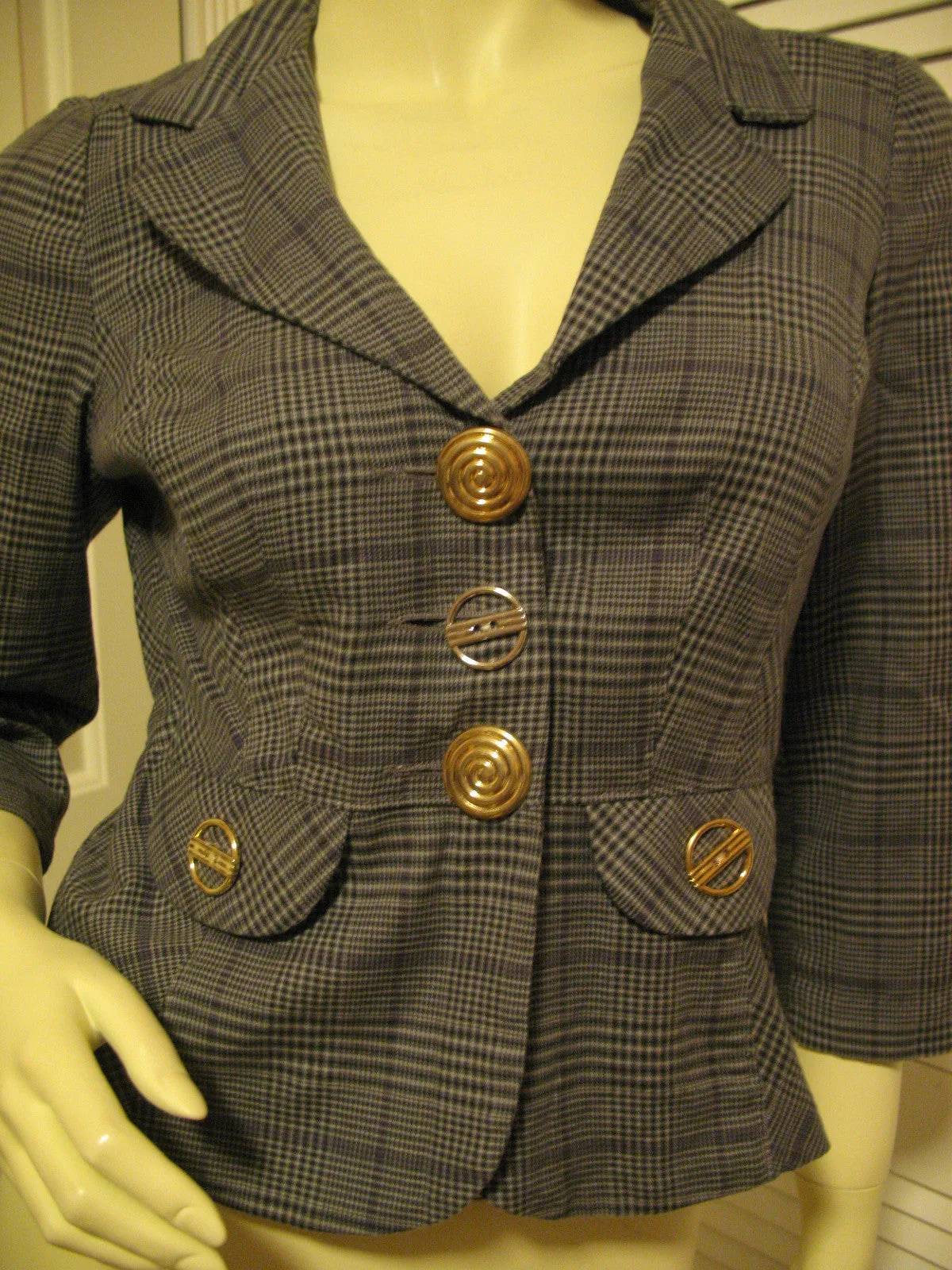 Candie's Womens Blazers V-Neck Blazer Jacket Top Check Checkered Gray Grey Black 3/4 Sleeve Medium Office Wear Business Attire