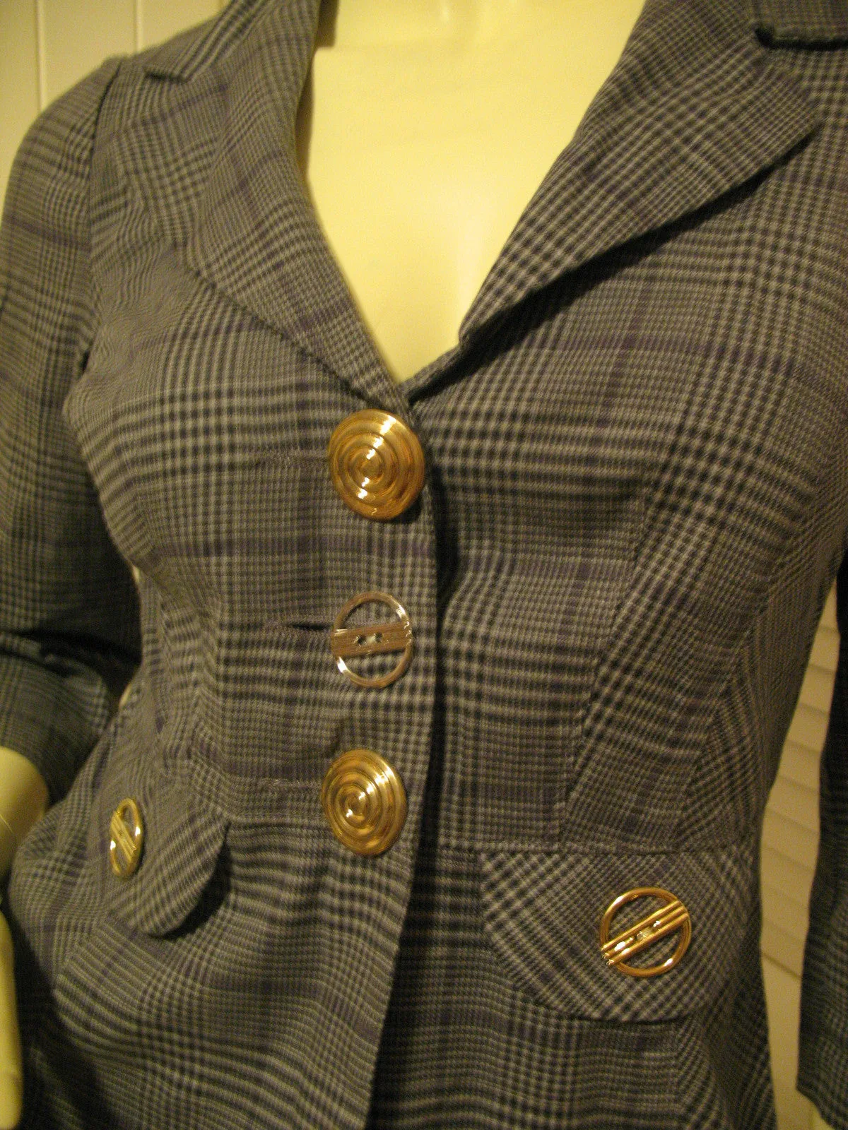 Candie's Womens Blazers V-Neck Blazer Jacket Top Check Checkered Gray Grey Black 3/4 Sleeve Medium Office Wear Business Attire