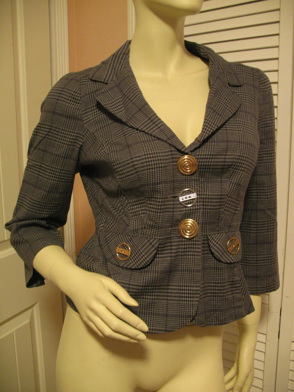 Candie's Womens Blazers V-Neck Blazer Jacket Top Check Checkered Gray Grey Black 3/4 Sleeve Medium Office Wear Business Attire