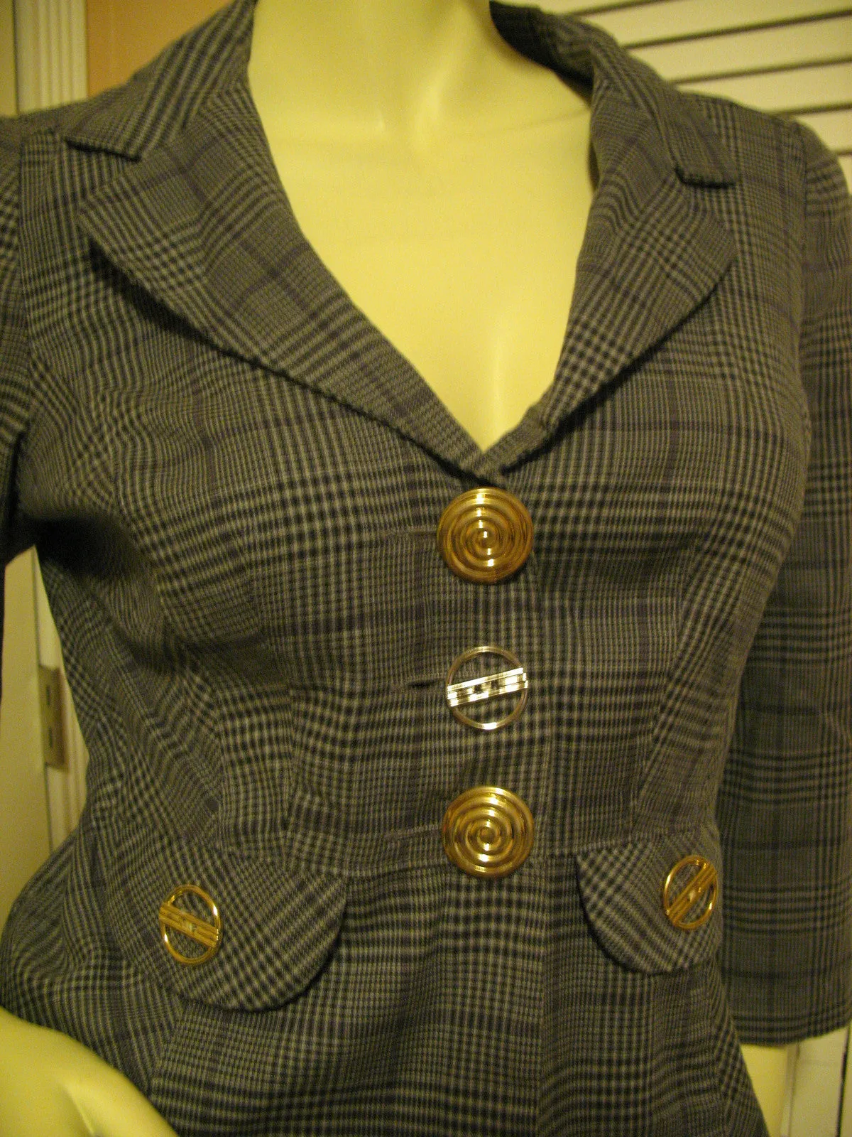Candie's Womens Blazers V-Neck Blazer Jacket Top Check Checkered Gray Grey Black 3/4 Sleeve Medium Office Wear Business Attire