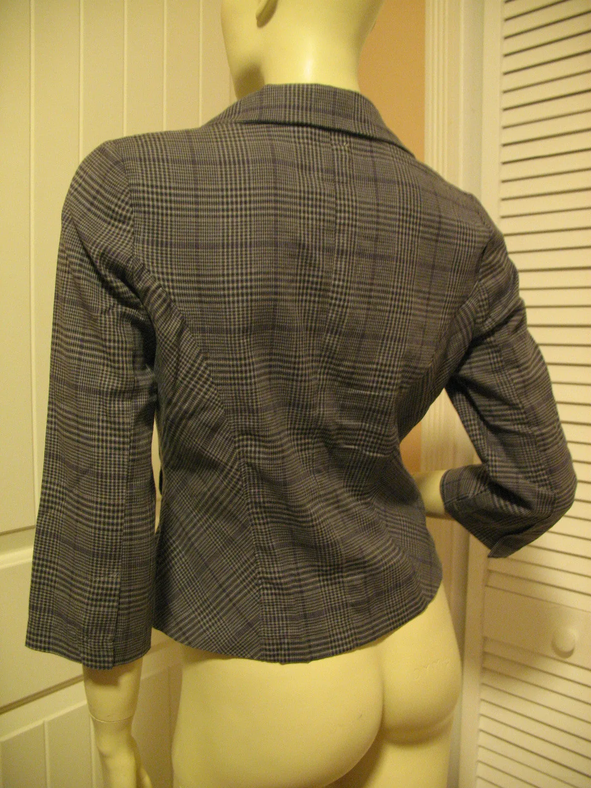 Candie's Womens Blazers V-Neck Blazer Jacket Top Check Checkered Gray Grey Black 3/4 Sleeve Medium Office Wear Business Attire