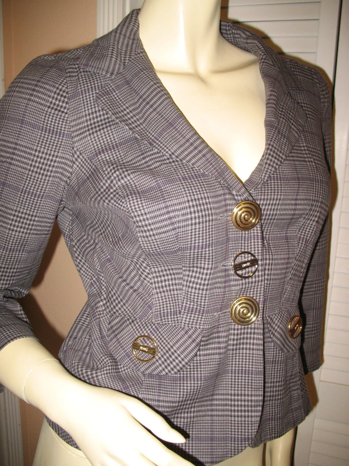 Candie's Womens Blazers V-Neck Blazer Jacket Top Check Checkered Gray Grey Black 3/4 Sleeve Medium Office Wear Business Attire