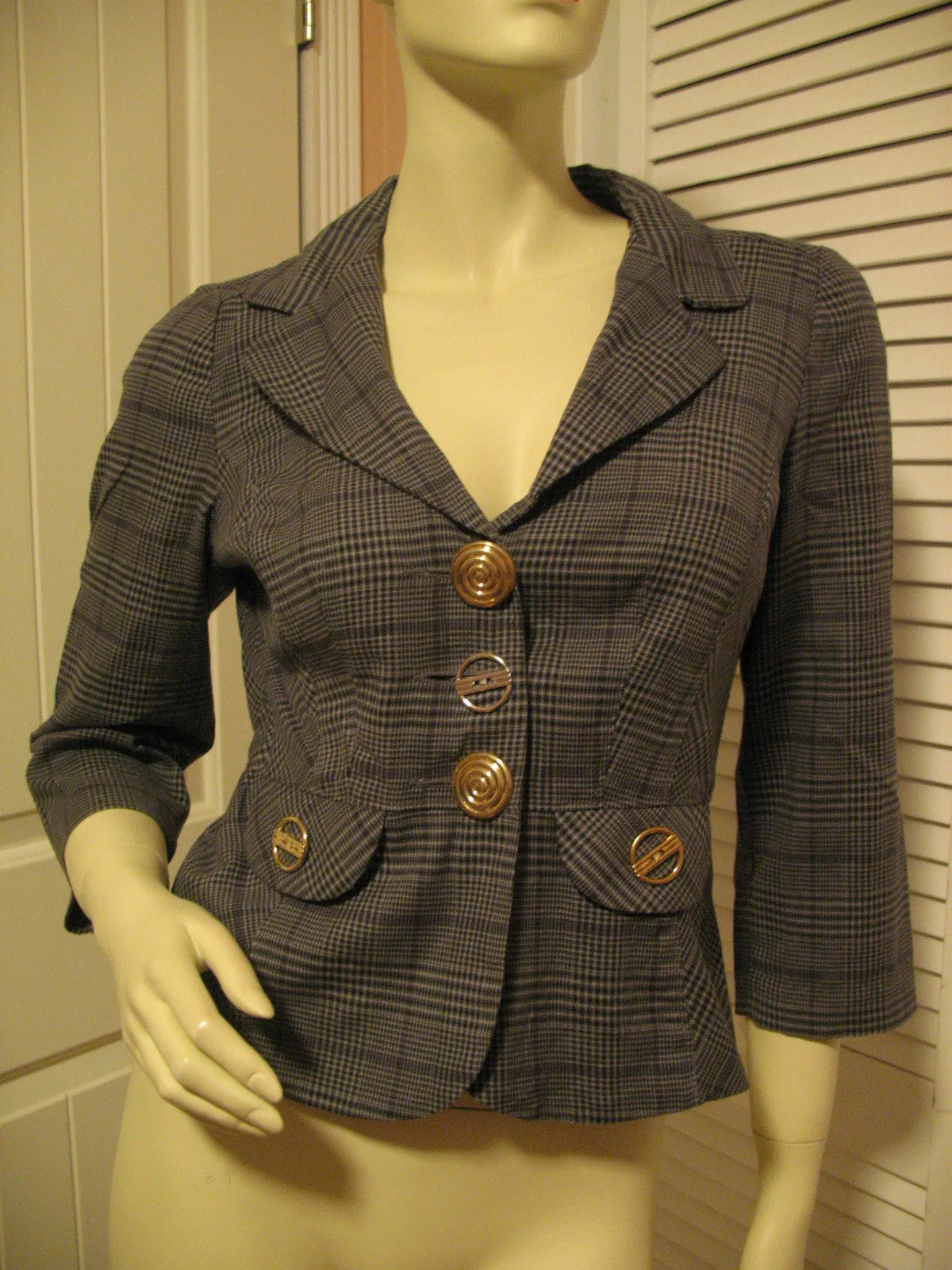 Candie's Womens Blazers V-Neck Blazer Jacket Top Check Checkered Gray Grey Black 3/4 Sleeve Medium Office Wear Business Attire
