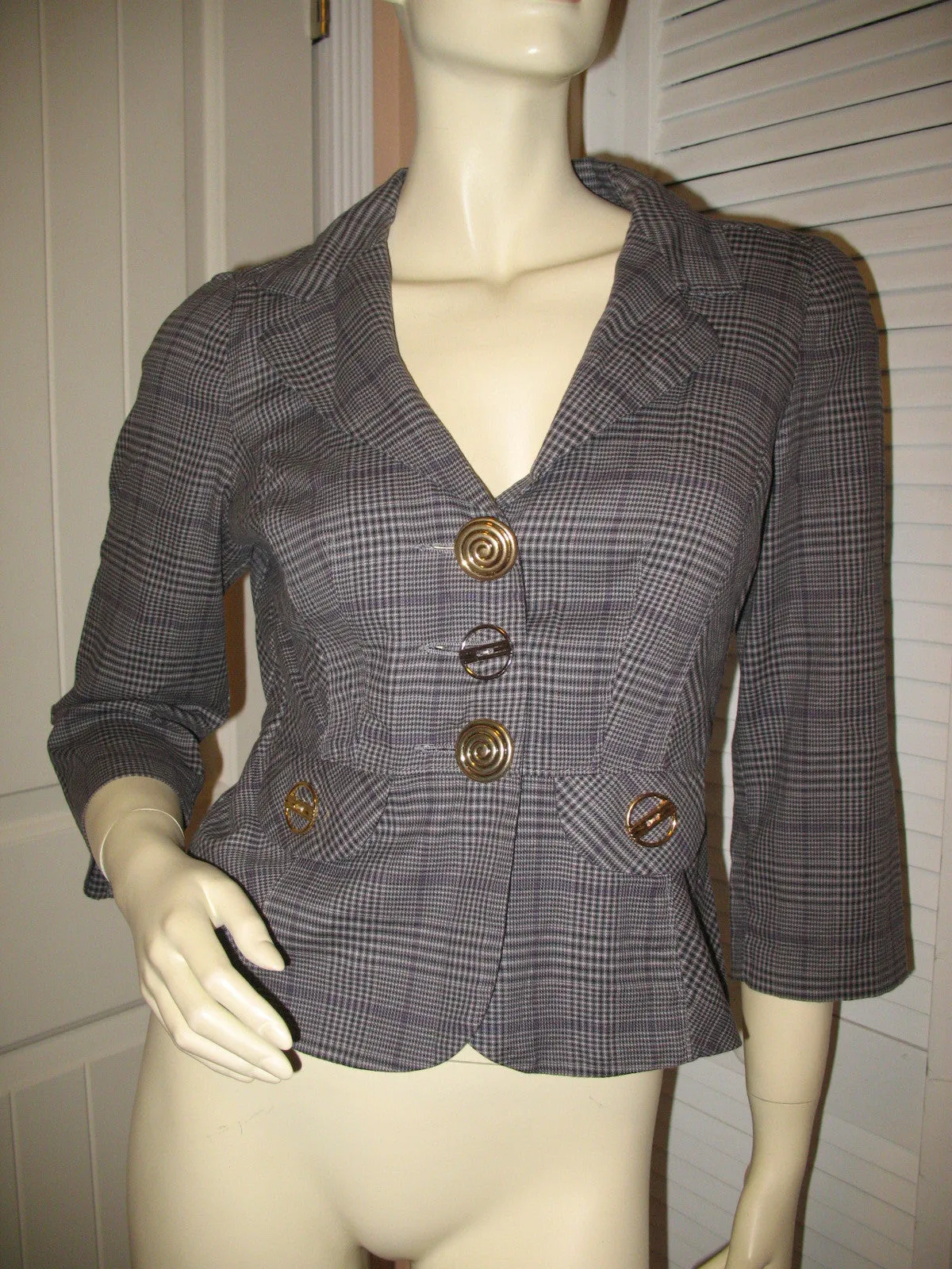 Candie's Womens Blazers V-Neck Blazer Jacket Top Check Checkered Gray Grey Black 3/4 Sleeve Medium Office Wear Business Attire