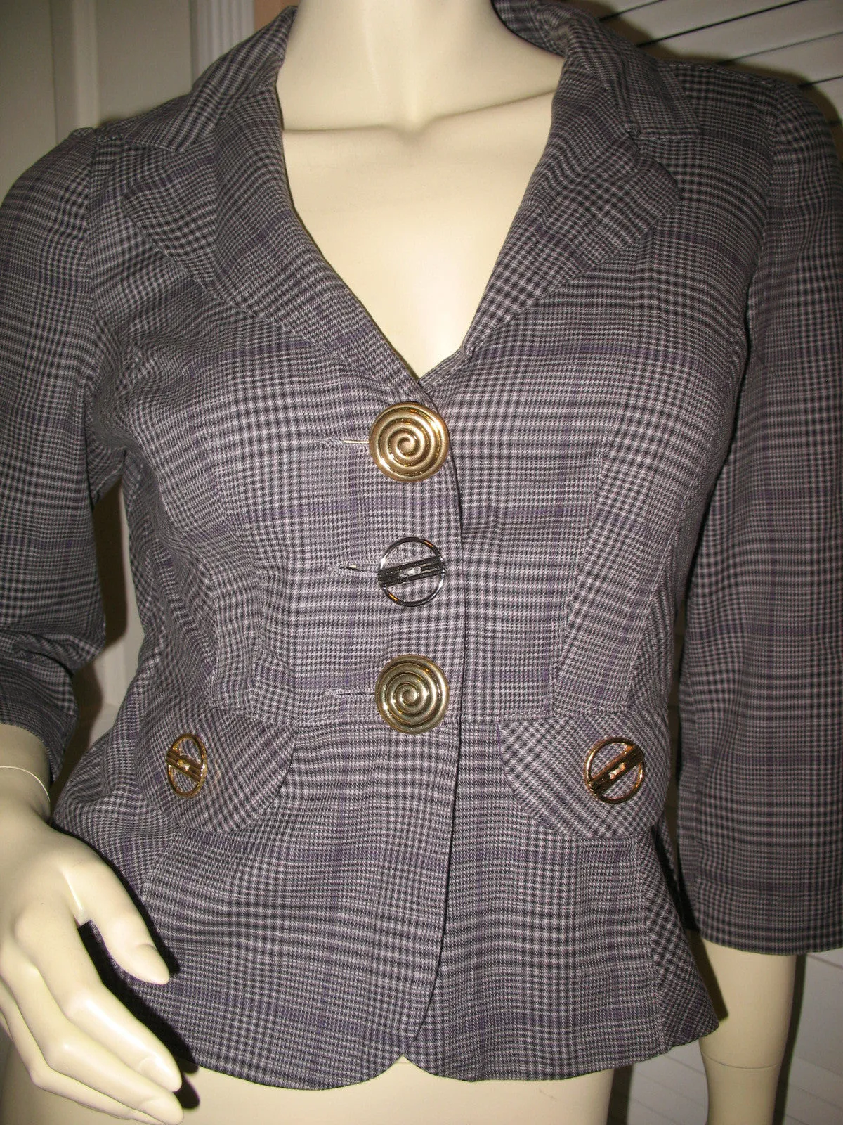 Candie's Womens Blazers V-Neck Blazer Jacket Top Check Checkered Gray Grey Black 3/4 Sleeve Medium Office Wear Business Attire