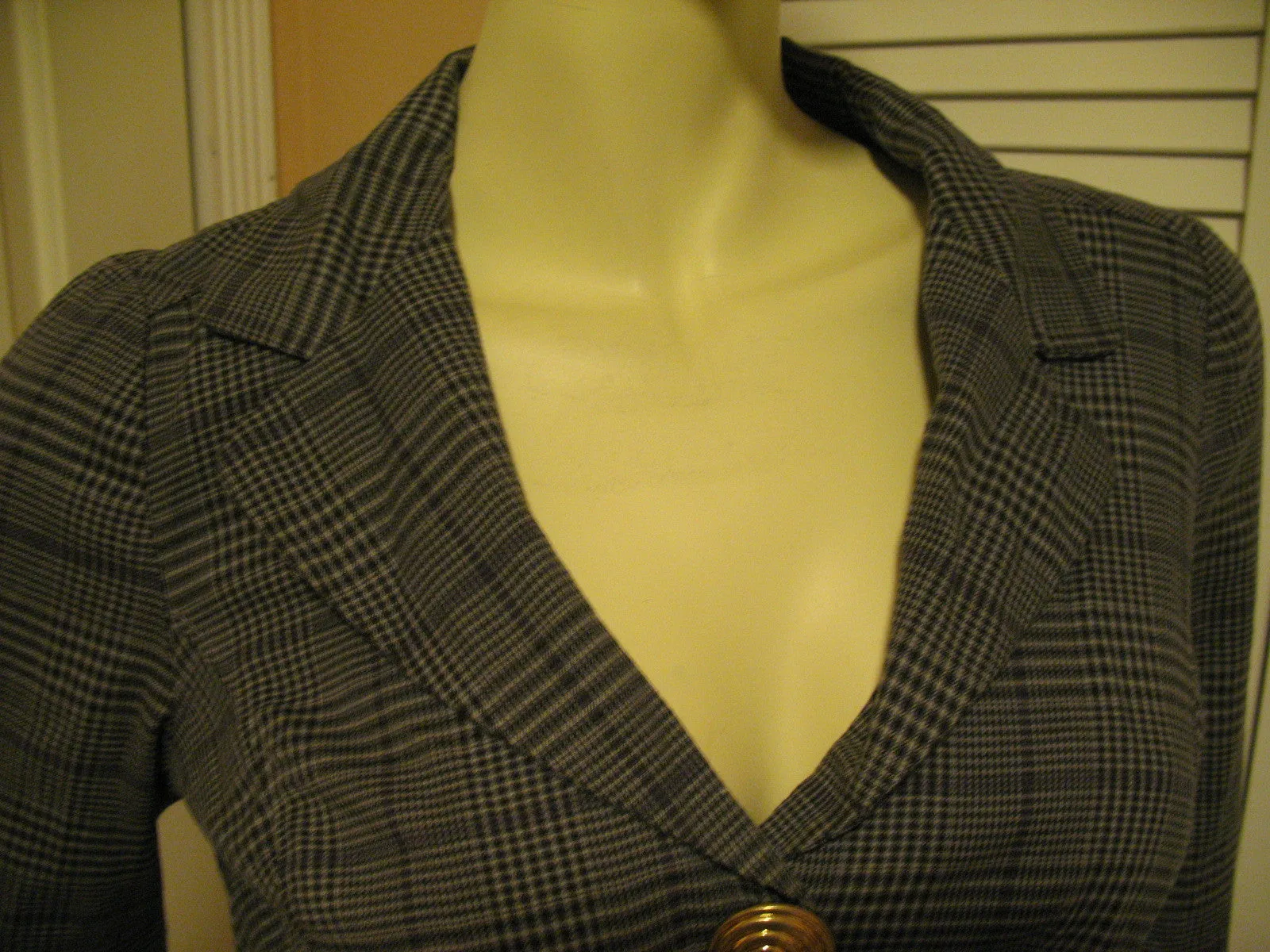 Candie's Womens Blazers V-Neck Blazer Jacket Top Check Checkered Gray Grey Black 3/4 Sleeve Medium Office Wear Business Attire