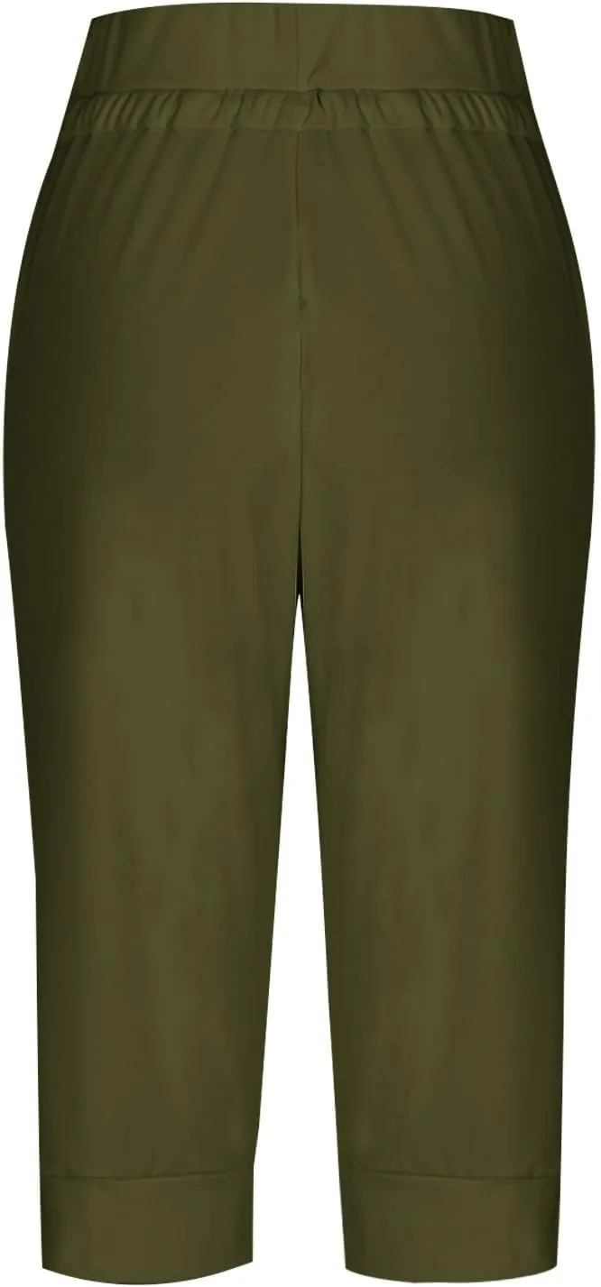 Capri Pants for Women Casual Home Athletic Cropped Pants Elastic Belt Waist Drawstring Joggers Trousers with Pockets