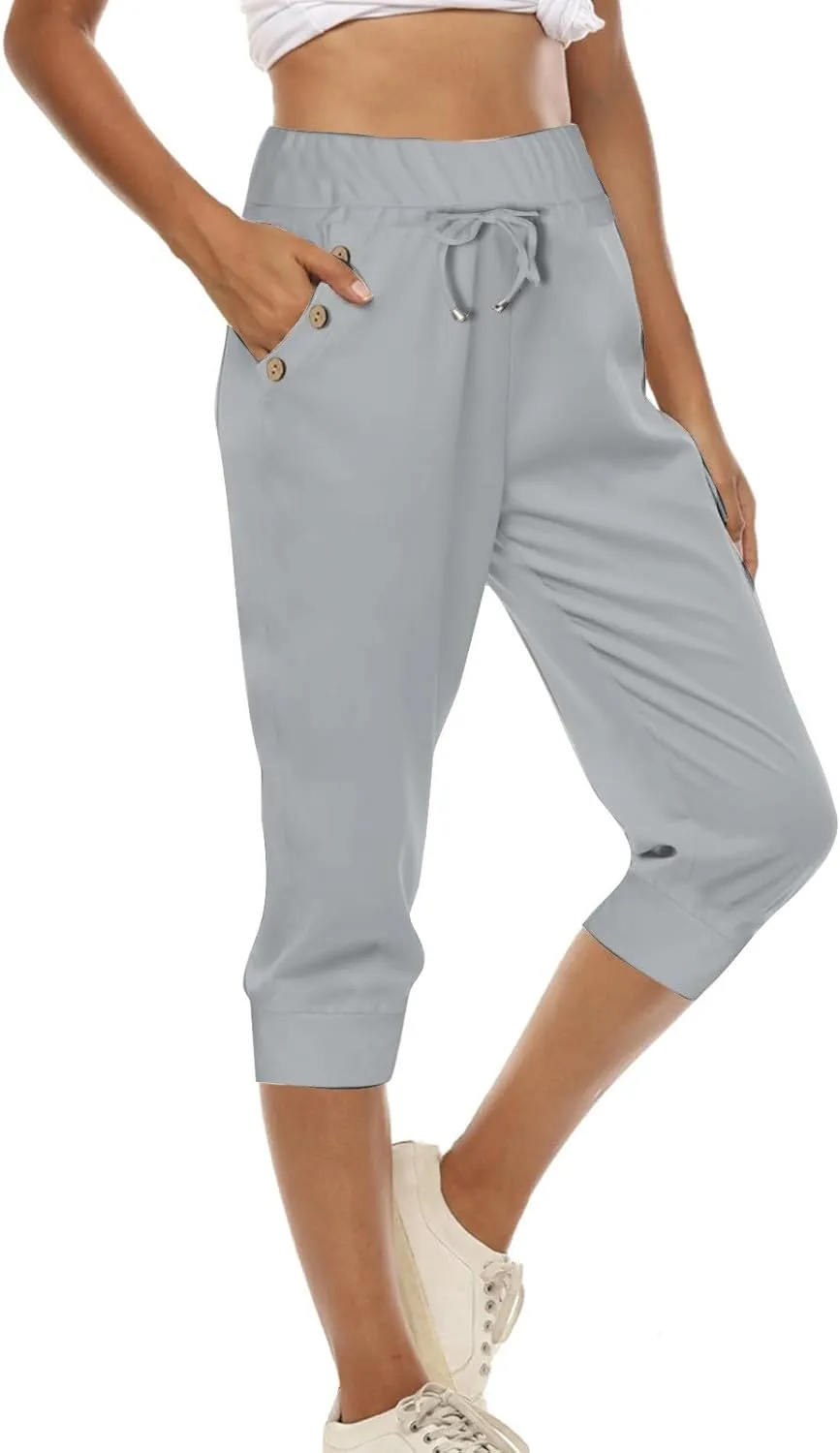 Capri Pants for Women Casual Home Athletic Cropped Pants Elastic Belt Waist Drawstring Joggers Trousers with Pockets