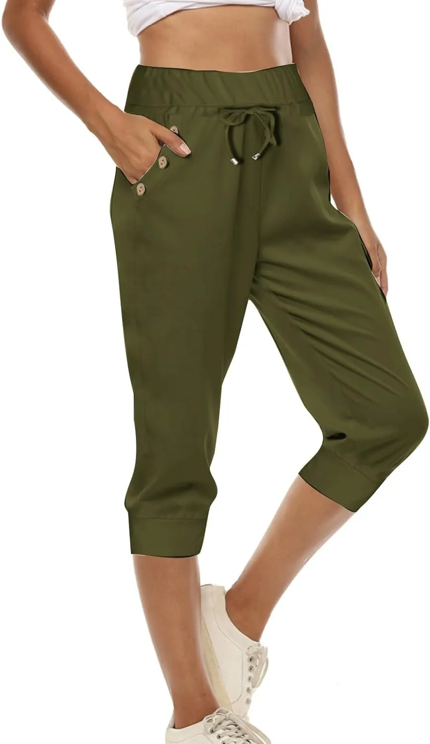 Capri Pants for Women Casual Home Athletic Cropped Pants Elastic Belt Waist Drawstring Joggers Trousers with Pockets