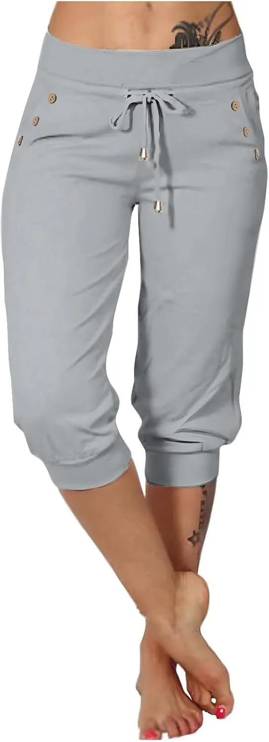 Capri Pants for Women Casual Home Athletic Cropped Pants Elastic Belt Waist Drawstring Joggers Trousers with Pockets
