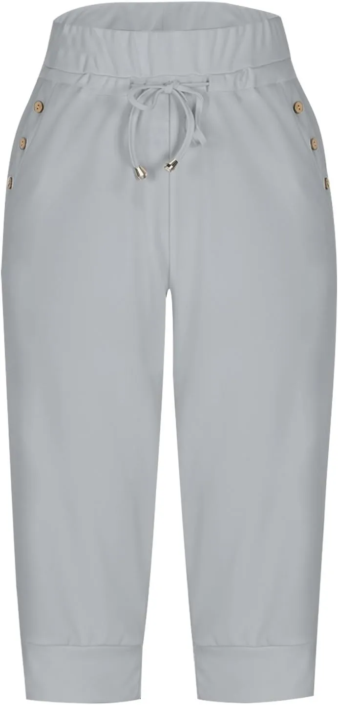 Capri Pants for Women Casual Home Athletic Cropped Pants Elastic Belt Waist Drawstring Joggers Trousers with Pockets