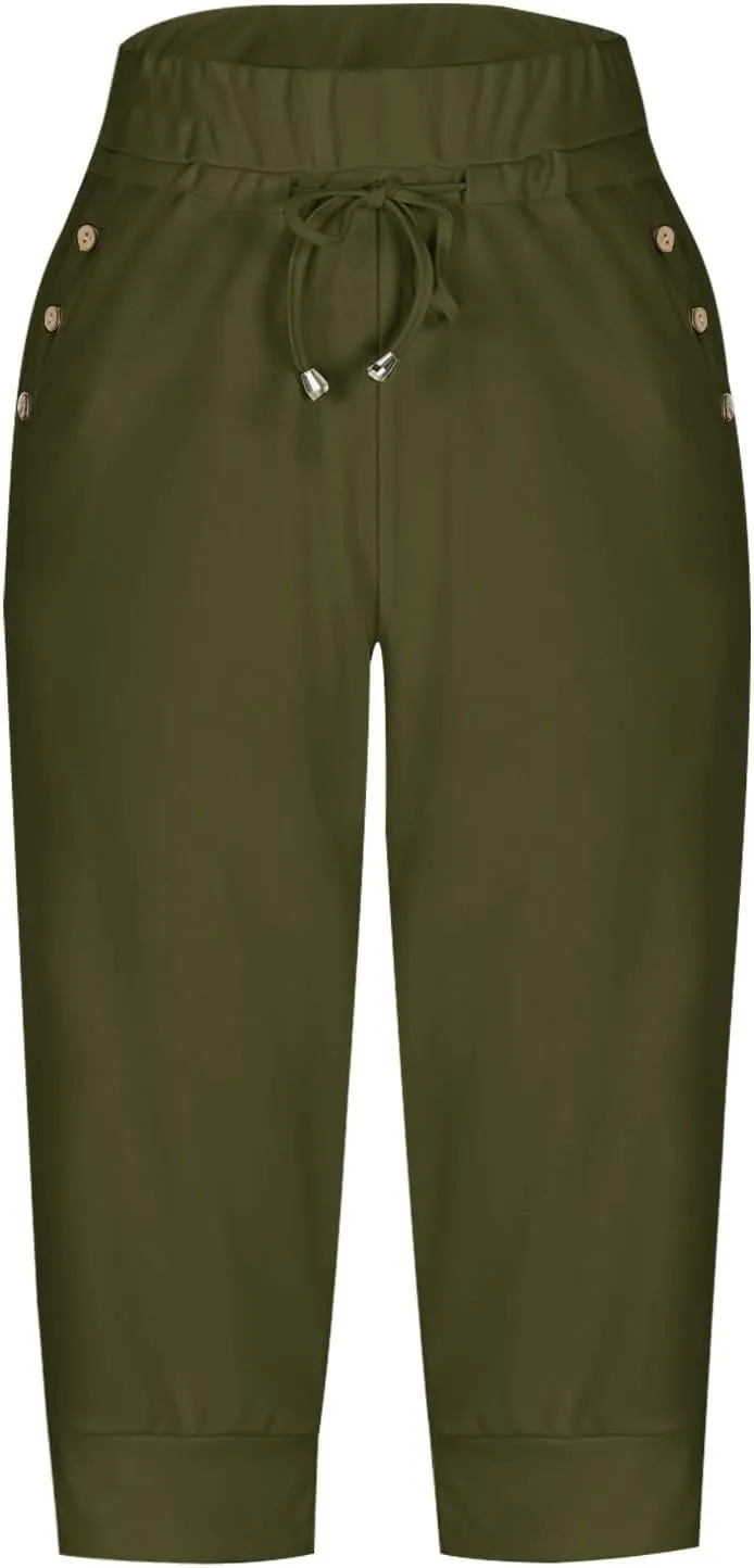 Capri Pants for Women Casual Home Athletic Cropped Pants Elastic Belt Waist Drawstring Joggers Trousers with Pockets