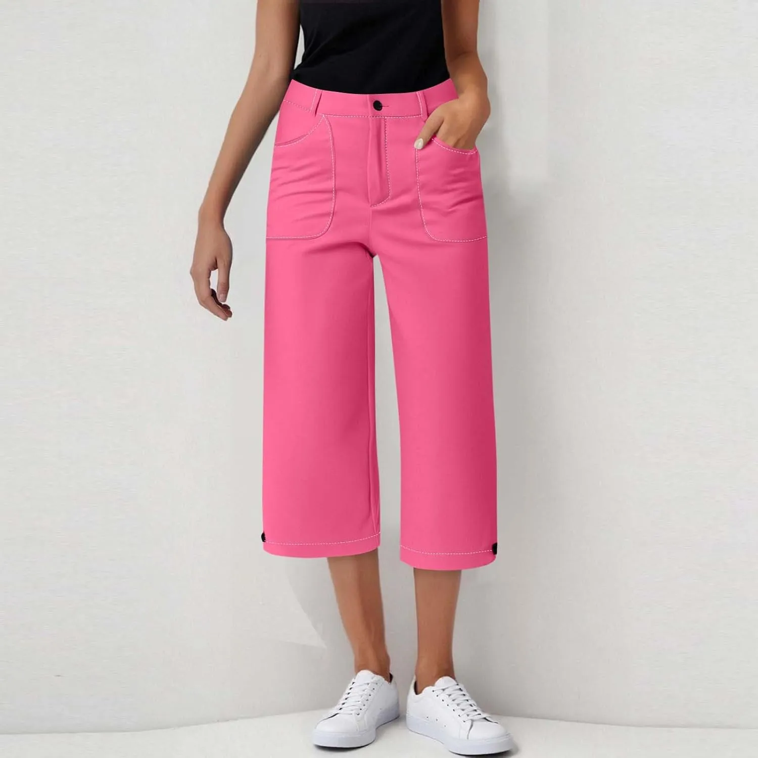 Capri Pants for Women Dress Casual Button Zipper Cropped Trouser Elastic Waist Straight Leg Suit Capris with Pockets
