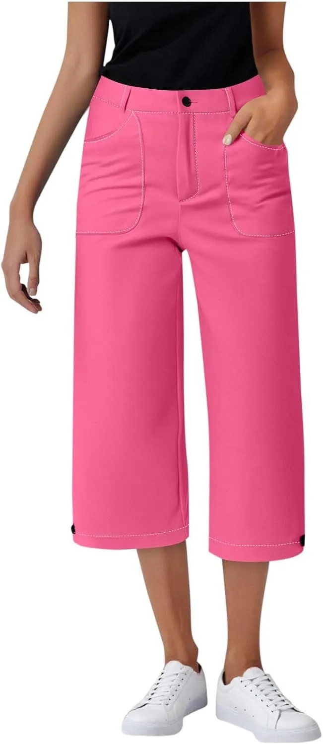 Capri Pants for Women Dress Casual Button Zipper Cropped Trouser Elastic Waist Straight Leg Suit Capris with Pockets