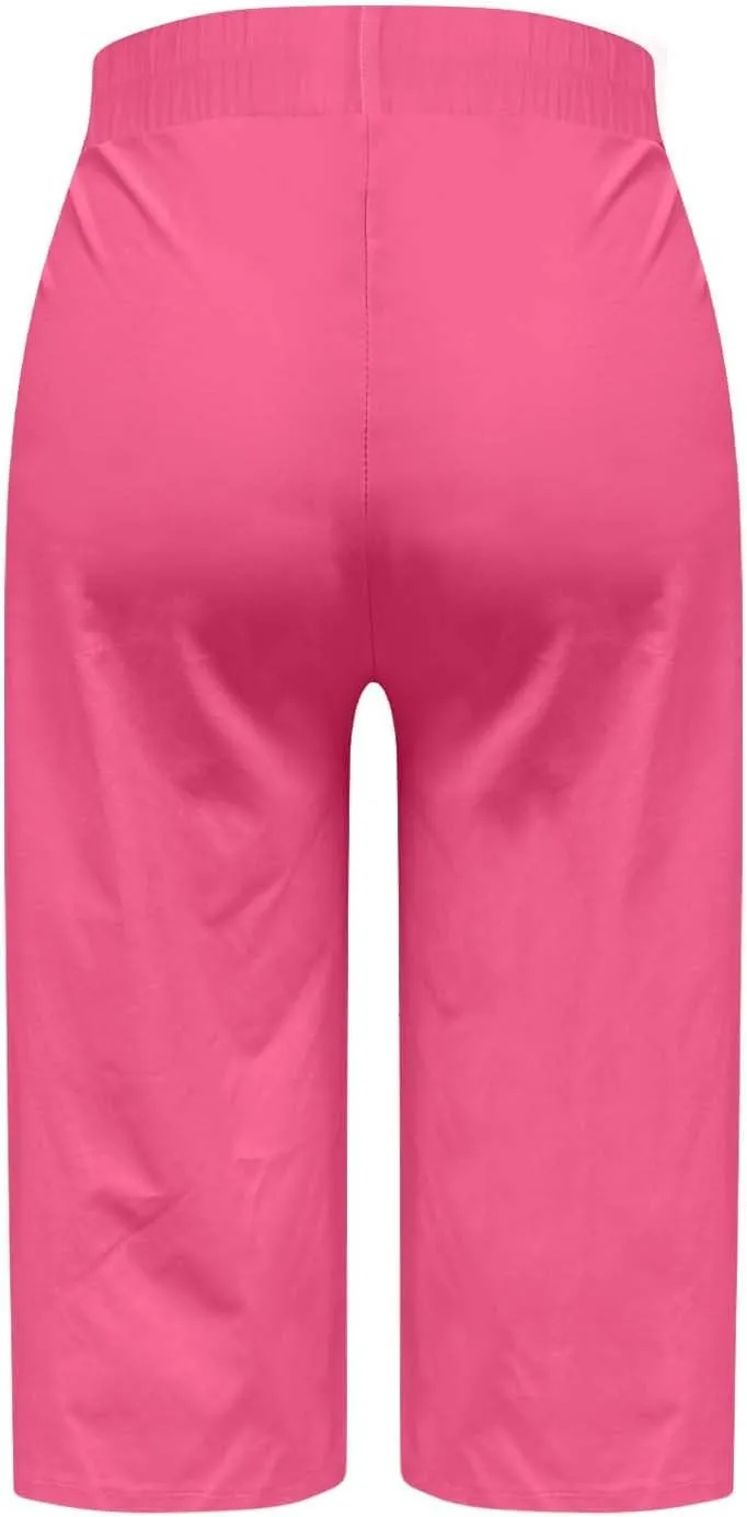 Capri Pants for Women Dress Casual Button Zipper Cropped Trouser Elastic Waist Straight Leg Suit Capris with Pockets
