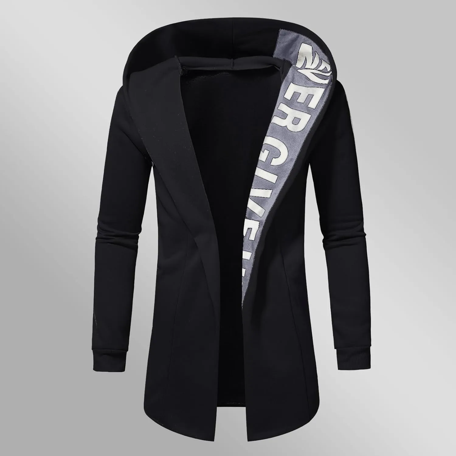 Cardigan Jacket for Men Trendy Letter Print Mid-Length Trench Coat Casual Hooded Long Sleeve Comfy Warm Coat Outfits