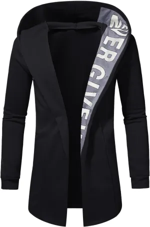 Cardigan Jacket for Men Trendy Letter Print Mid-Length Trench Coat Casual Hooded Long Sleeve Comfy Warm Coat Outfits