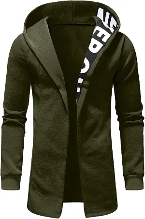 Cardigan Jacket for Men Trendy Letter Print Mid-Length Trench Coat Casual Hooded Long Sleeve Comfy Warm Coat Outfits
