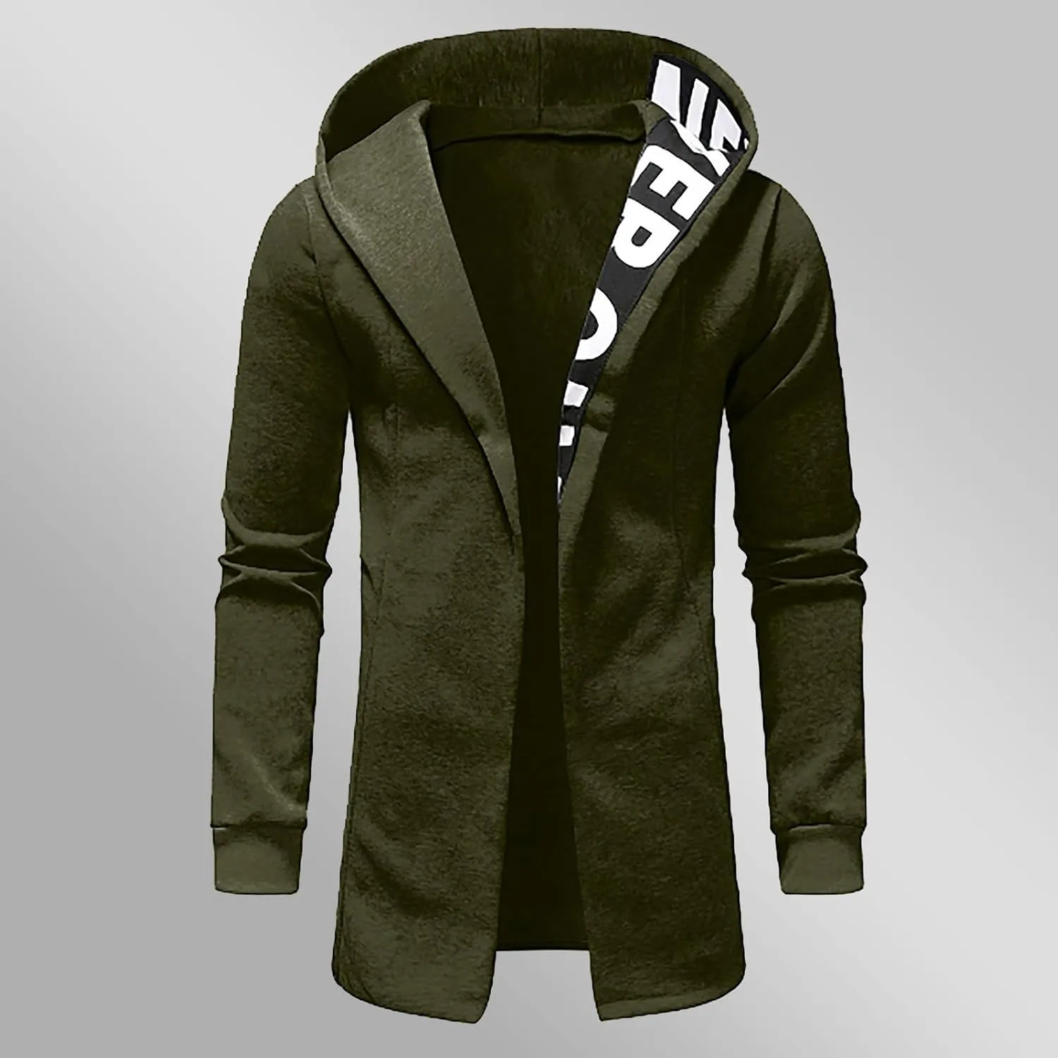 Cardigan Jacket for Men Trendy Letter Print Mid-Length Trench Coat Casual Hooded Long Sleeve Comfy Warm Coat Outfits
