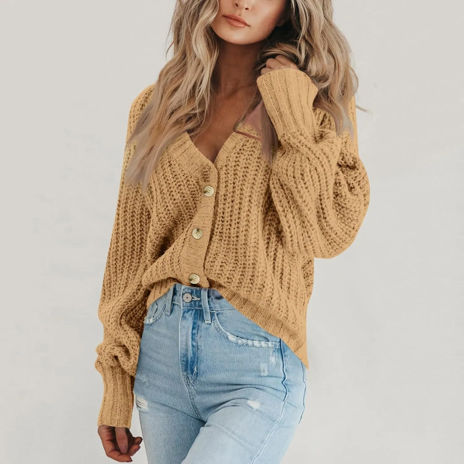Cardigan Sweaters for Women Long Sleeve Button Down V-Neck Open Front Fall Sweaters Chunky Knit Outerwear Coats