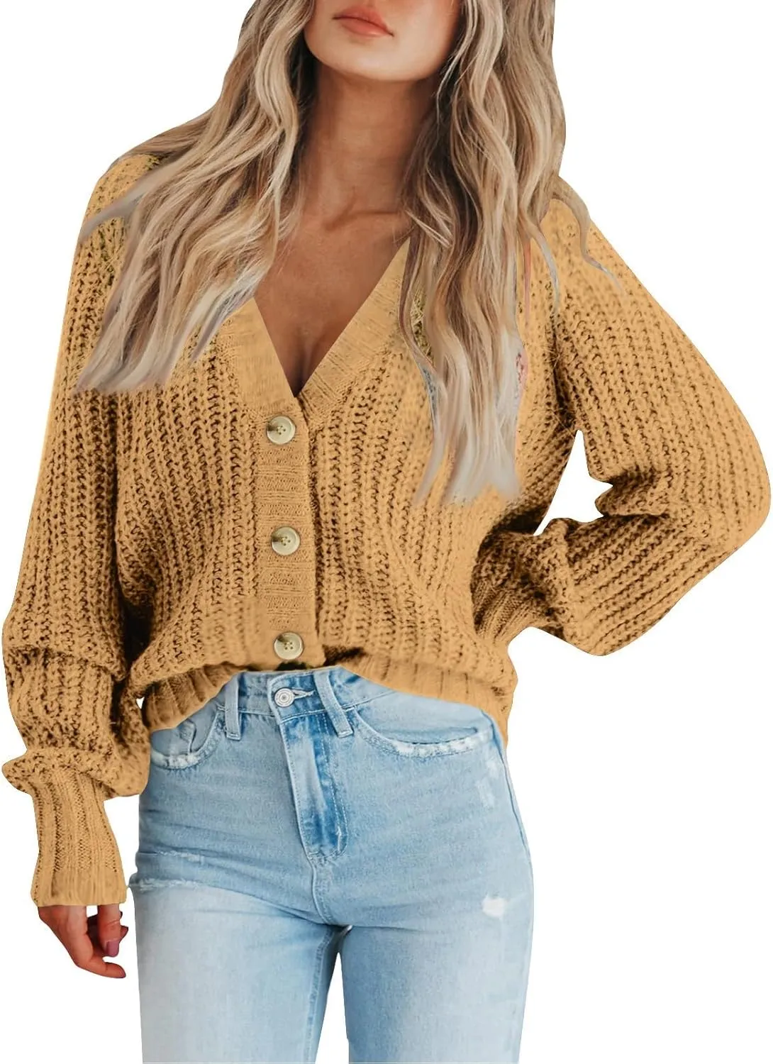 Cardigan Sweaters for Women Long Sleeve Button Down V-Neck Open Front Fall Sweaters Chunky Knit Outerwear Coats