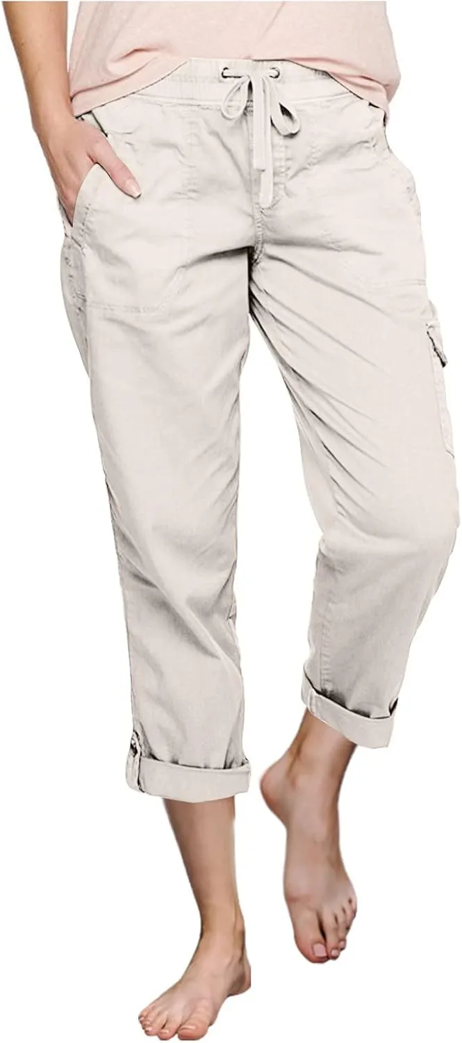 Cargo Capri Pants for Women Straight Leg Lightweight Casual Cropped Pants Summer Hiking Outdoor Drawstring Trousers