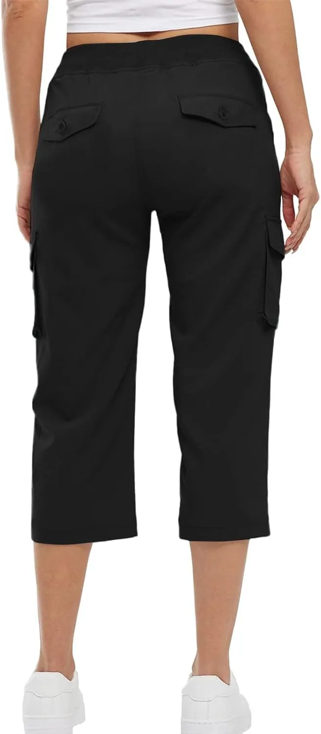 Cargo Capris for Women Casual Drawstring Lightweight Cropped Pants with Pockets Summer Workout Hiking Baggy Trousers