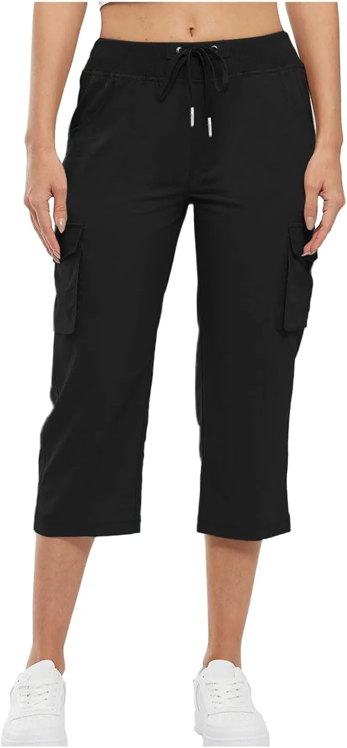 Cargo Capris for Women Casual Drawstring Lightweight Cropped Pants with Pockets Summer Workout Hiking Baggy Trousers